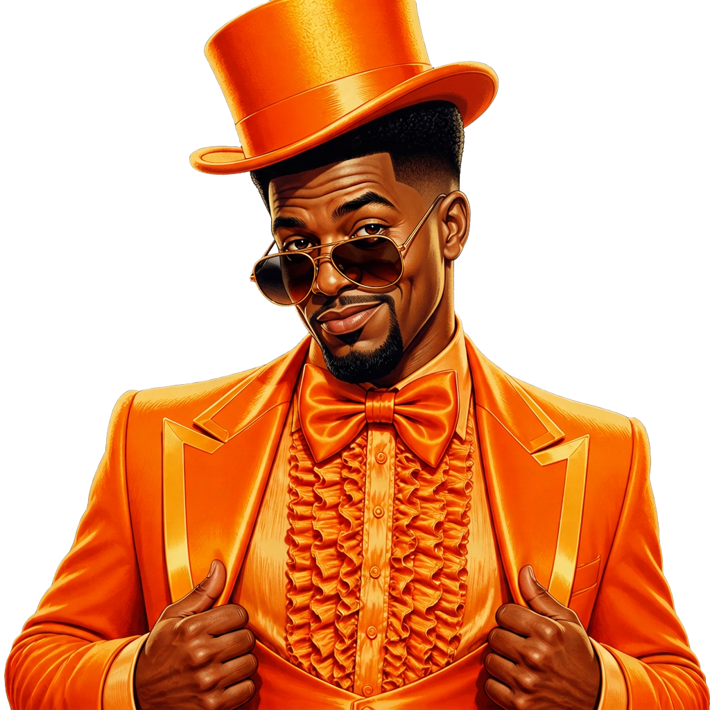 ANSEM parody character in a ridiculous orange tuxedo